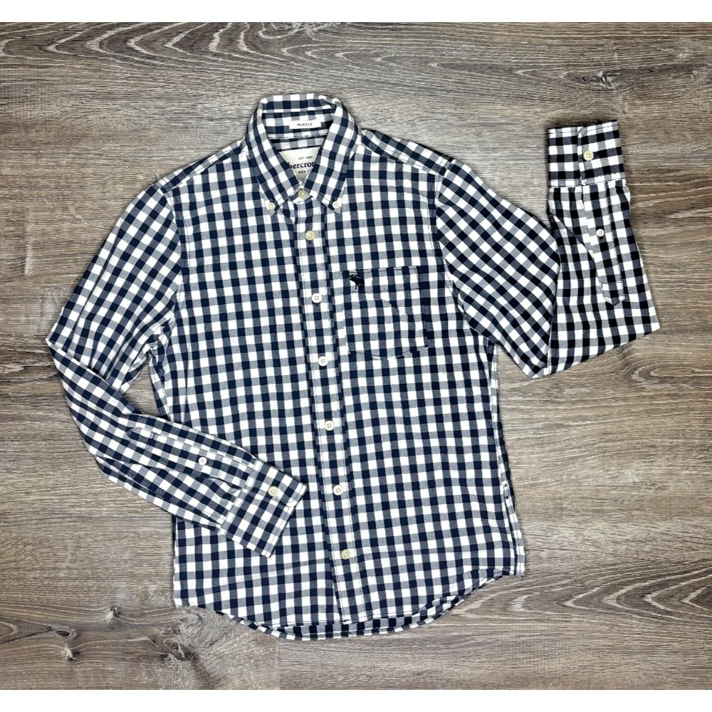 Abercrombie Kids Boys Long Sleeve Button Up Gingham Shirt Navy White Sz Medium